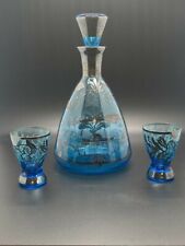 Aqua Blue w/Sterling Venetian & Flower Hand Painted Decanter & 2 Glasses