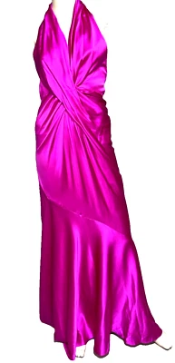 Maxi Vestido Largo Donna Karan Vintage Halter Twist Rosa Fucsia Seda EE. UU. 6 Foto 1 de 4