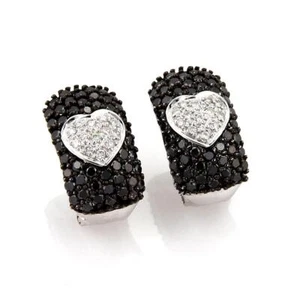 Wide 4.56 Carats Black &White Diamond 18k Gold Heart Earrings LIQUIDATION - Picture 1 of 3