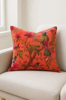 Orange Velvet Cushion with Bird & Floral Design - Handmade Boho Decor - Image 1 of 3
