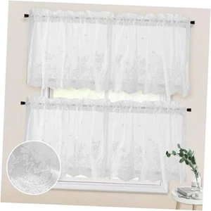 2pcs White Lace Sheer Kitchen Valance Curtains for Windows 24 inch Length, - Picture 1 of 8