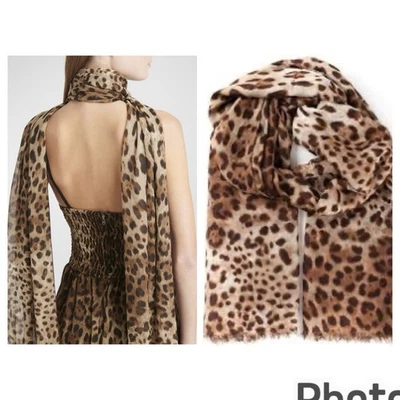 Dolce And Gabbana Leopard Print Brown Silk Scarf-Neck Gown Shawl  76”L x 26” W - Image 1 of 4