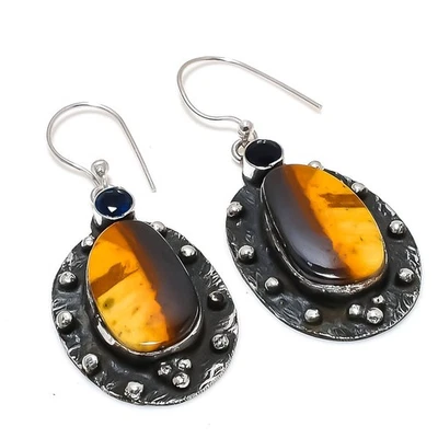 Natural Tiger Eye, Spinel Gemstone 925 Sterling Silver Earring 2.21" Gift w056 - Image 1 of 4