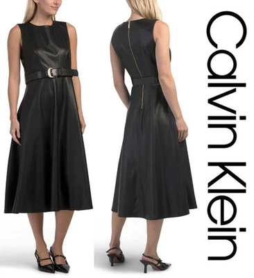 NWT CALVIN KLEIN Faux Leather Midi A-line Dress Buckle Belt Exposed Back Zip 12 - Image 1 of 4
