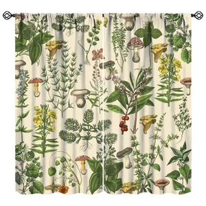 Vintage Botanical Curtains,Antique 1900s Plants Herbs Mushroom Blackout Windo... - Picture 1 of 8