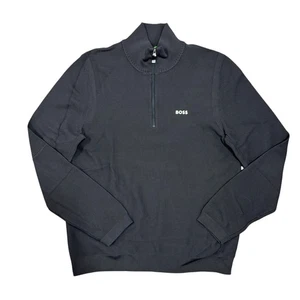 BOSS Mens Jumper Dark Grey Quarter Zip Knitwear With Logo - Zidor - Picture 1 of 5