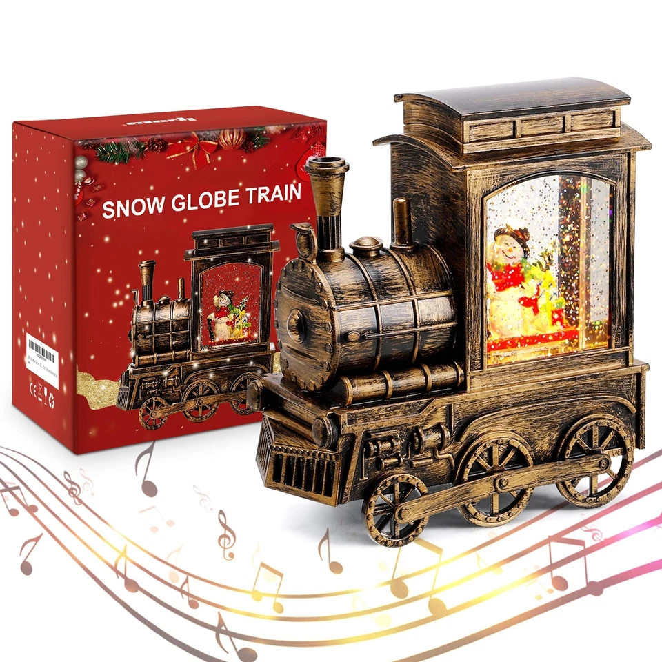 IPOW Christmas Snow Globe Lantern Train with Water Swirling Glitter Musical and