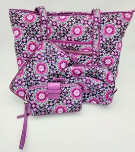 VERA BRADLEY ICONIC VERA TOTE BAG in Lilac Medallion with Cosmetic Case & Wallet