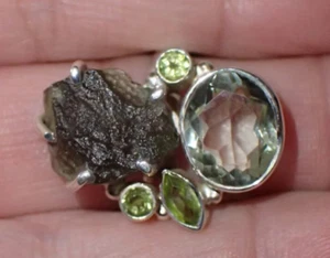 Moldavit, grüner Amethyst & Peridot Sterlingsilber Ring Schmuck Gr.7 - Bild 1 von 3