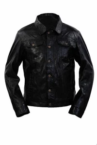 Camisa de mezclilla de cuero negra informal ajustada Trucker para hombre  - Imagen 1 de 7