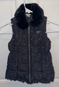 Calvin Klein Zip Puffer Vest With Fur Collar, Black Silver Polka Dot Girls Sz 5 - Picture 1 of 13