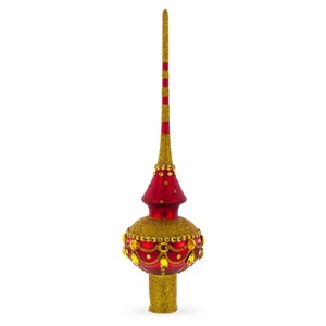 Dimensional Golden Jewels on Red Mouth Blown Glass Chris... ree Topper 11 Inches - Picture 1 of 4