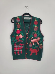 Vintage Belle Pointe 3D Katzen verziert Strick Weihnachtspullover Gr. Small Knopf  - Bild 1 von 13