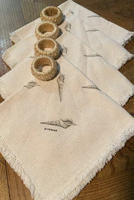 Set of (4) 16x16" Square Ivory Linen Shell Napkins with woven napkin rings - NEW - Image 1 of 4
