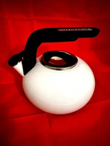 Kitchen Aid Tea Pot Whistling White Enamel Kettle Black Handle Chrome Trim - Picture 1 of 4