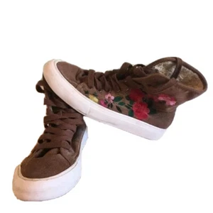 Boho Hi Top Shoes Zara The Moon Sneaker Womens 6 Brown Lace Embroidered Flowers - Picture 1 of 11
