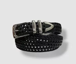 Perry Ellis Men's Black Braided Web Genuine Leather Buckle Belt US Size 44 - Picture 1 of 4