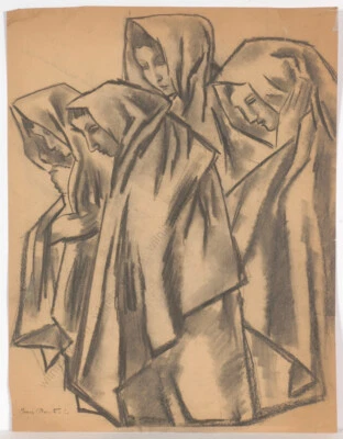 Boris Deutsch (1892-1978) "Mujeres rezando", dibujo grande, años 30 Foto 1 de 4