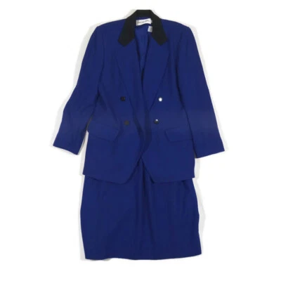 J H Collectibles Wool Suit Womens 12 Jacket 14 Skirt Button Up Blue Black Collar - Image 1 of 4