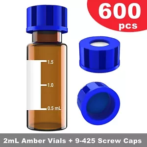 600pcs Autosampler Vials 2mL HPLC/GC Sample 9-425 Screw Blue Caps Pre-Slit Septa - Picture 1 of 16