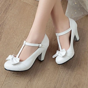 Süße Mary Janes Lolita Damenschuhe Kunstleder Schleife rund geschnitten Blockabsatz - Bild 1 von 19