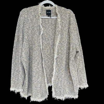 NIC+ZOE Sweater Womens 2X Beige Blue Textured Fringe Open Front Cardigan Jacket - Image 1 of 4