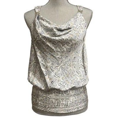 White House Black Market Smocked Tank Top S Silver Floral Damask Chic Pleated - Image 1 of 4