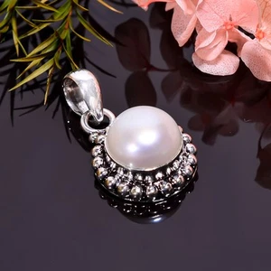 Biwa Pearl Vintage Handmade Jewelry 925 Sterling Silver Pendant 1.2" GSR-5786 - Picture 1 of 2