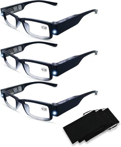3 Pack Reading Glasses with Lights and Magnifier Black  - Picture 1 of 7