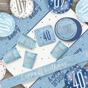 Glitz Blue 40th Birthday Party Tableware Decoration Plates Banners Candle Age 40