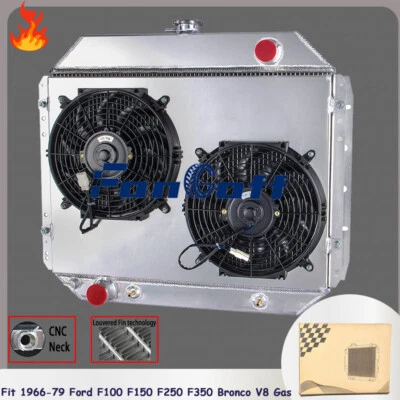 Fit 1966-79 Ford F100 F150 F250 F350 Bronco V8 Gas 3-Row Radiator+Shroud Fan 433 Foto 1 de 4