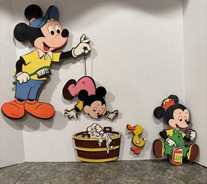 Vintage Mickey Mouse 1975 Nursery Wall Decor Pin-Up Disney Bath Time Five Pieces - Picture 1 of 9