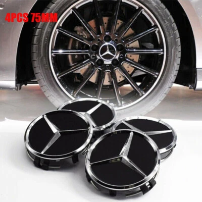 75mm x 4 Wheel Center Hub Caps Emblems Fits For Mercedes C E S Black Badge - Image 1 of 2