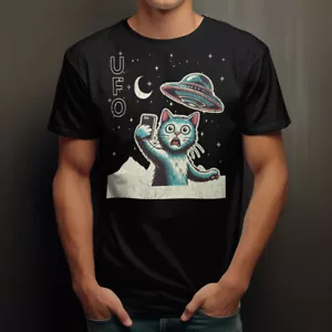 Cat Selfie Space UFO Unisex Tee, Funny Animal Lover Shirt, Cosmic Kitty Graphic - Picture 1 of 14