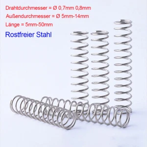 10x Druckfeder Rückstellfeder Edelstahl A2, d=0,7mm/0,8 mm, L=5-50 mm, Ø 5-14 mm - Picture 1 of 6