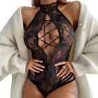 Black Fishnet Sheer Bodysuit Lace Up Sexy Nightwear Underwear for Women