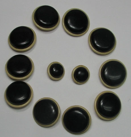 12 Antique Black & Ivory Celluloid Sewing Buttons - 10 Large & 2 Small Cover