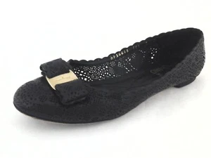 SALVATORE FERRAGAMO Varina Bow Ballet Flats Black Laser Cut US 7 EU 38 $595 - Picture 1 of 11