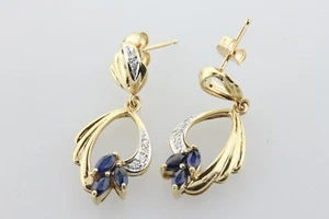 14K Yellow Gold Sapphire Cluster and Diamond Accented Dangle Post Earrings - Picture 1 of 7