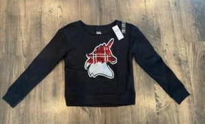 *NWT* JUSTICE Girl's Fleece Sweatshirt, Black Red Plaid Sequin Unicorn, Size: 7 - Picture 1 of 4