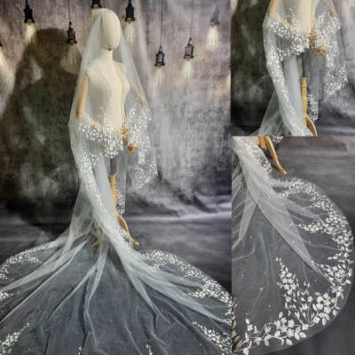 Elegant Wedding Bridal Veil Cathedral Length Beaded Lace Edge With Comb Applique - Image 1 of 4