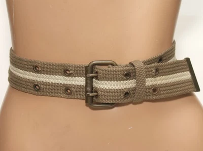 Khaki Green w/ Beige Stripe Webbing Belt Brass Roller Buckle SIZE S/M - 41" Long - Image 1 of 4