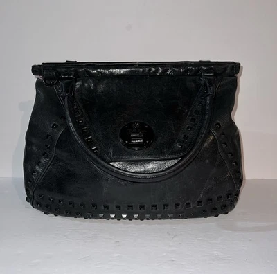 Elliot Lucca Bolso de Mano de Cuero Negro Estilo Vintage Cartera Interior Púrpura Foto 1 de 4