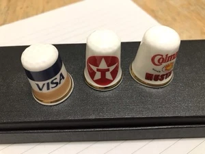 Three Advertising Porcelain Thimbles. VISA. TEXACO. COLEMANS MUSTARD. - Picture 1 of 10