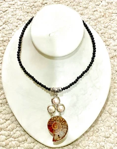 New Ammonite Fossil, 10mm Fresh Water Pearl 4mm Onyx Bead Strand 24" Necklace - Picture 1 of 2