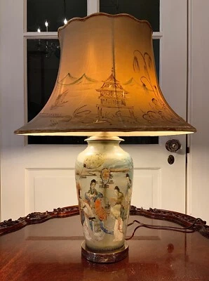 CHINESE INSIDE-PAINTED GLASS VASE LAMP C. 1898-1910   CHINESE GATHERING PARTY - Image 1 of 4