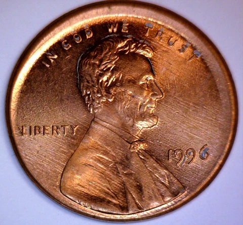 1996 OFF CENTER ERROR Lincoln Cent BU + RED Coin NICE O/C LOT #3   FREE SHIP Cover
