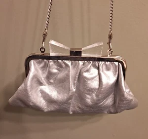 LULU TOWNSEND Silver Clutch Vintage W/Chain Strap Lucite Bow Clasp Closure  - Picture 1 of 7