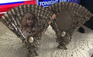 2pc Vintage Silvestri Fan Shaped Antique Silver Floral Picture Frame With Pearl - Picture 1 of 9