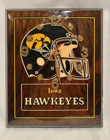 Iowa Hawkeyes IA Hawks Football Helmet Sports Wood Wall Clock Black Gold Works Cover